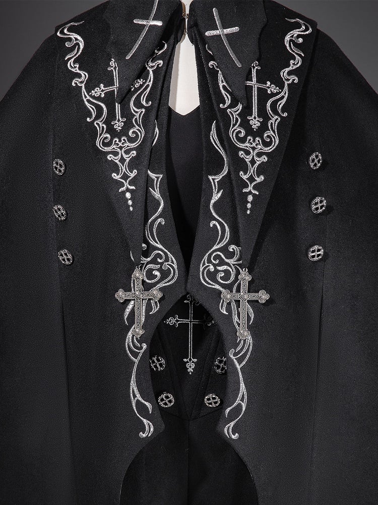 Hem Sleeves Cross Shorts Black Ouji Lolita Curved + Embroidery Bat-Wing Cape Long Top Gothic