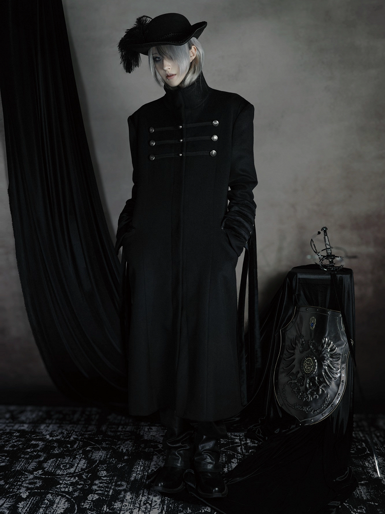 Long Gothic Coat Detials Strap Mock Neck Black with Buckle Royal