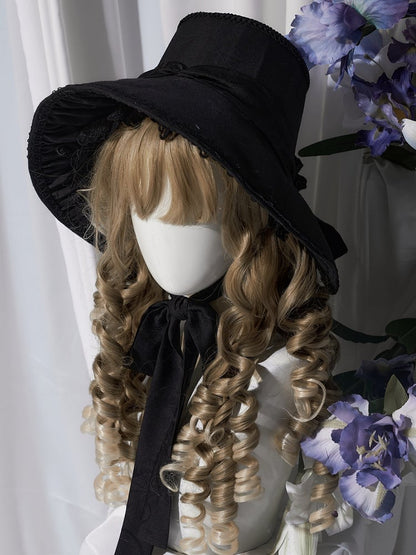 und Motorhaubenschleife mit Besatz, breitkrempiges Lolita-Spitzendetail, Schwarz/Grau/Braun