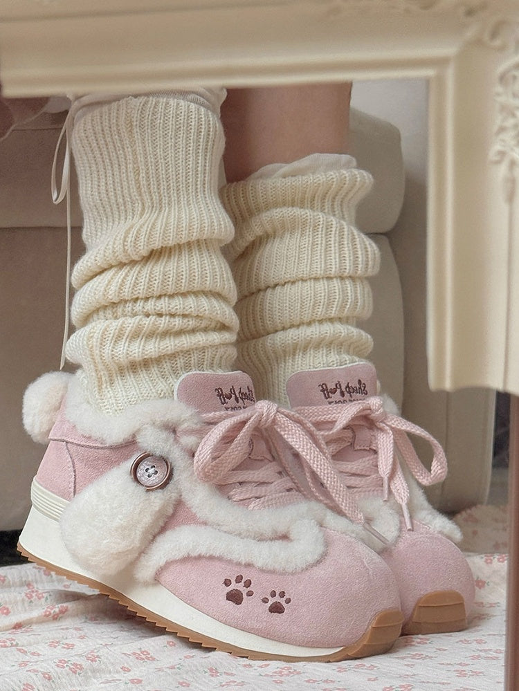 with Ears Lolita Print Accents Pink Sweet Tail Plush Sneakers Embroidery Dog - Paw