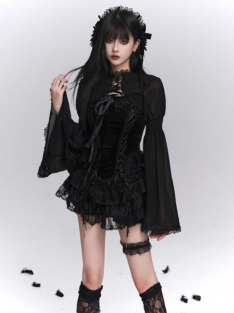 with Black Shrug Bell Sleeves Crop Lace-Trimmed Closure Gothic Cross-Tie