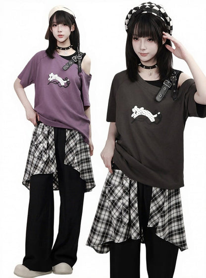 Asymmetrical Plaid Overlay Straight-Leg Pants - PINK SAVIOR