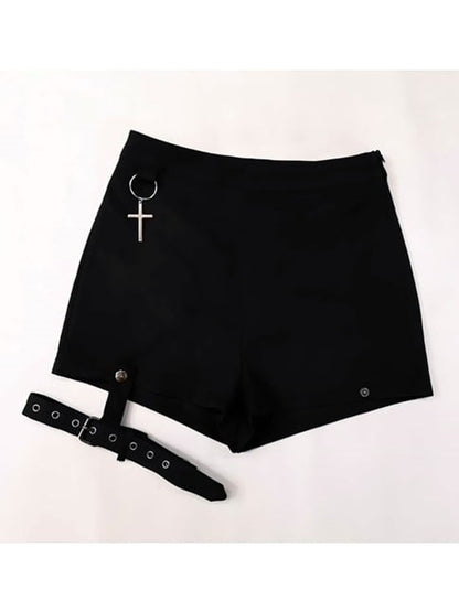 Punk with Buckle Gothic Leg Cross Rings Black Shorts Detachable Charms