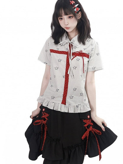 Asymmetric Ruffle Black Skirt with Polka Dot Lace Up - PINK SAVIOR