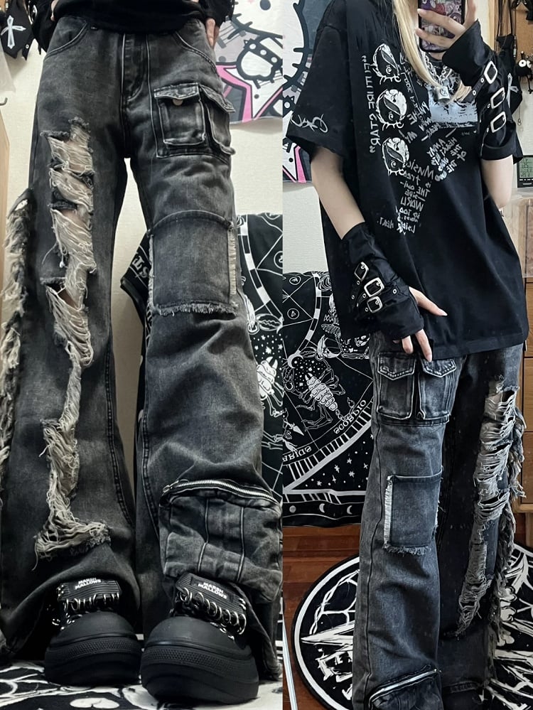 with Raw Black Jeans Distressed Faded Multi-Pockets Wash Hem