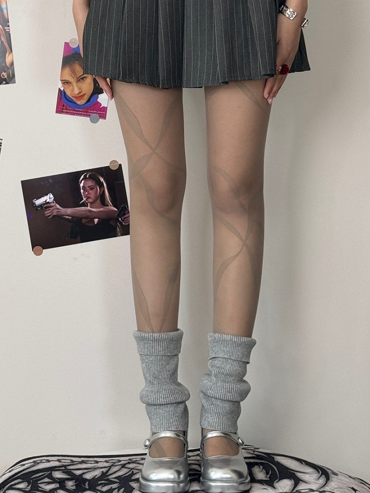 Ribbon Print Tights Black/Whiye/Brown/Gray