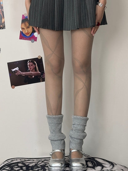 Ribbon Print Tights Black/Whiye/Brown/Gray