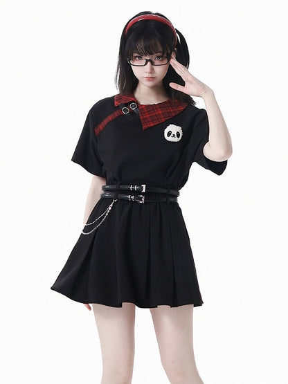 T-Shirt mit Panda-Trägern Plüschtier Rot karierter Kragen Schwarze Schnalle