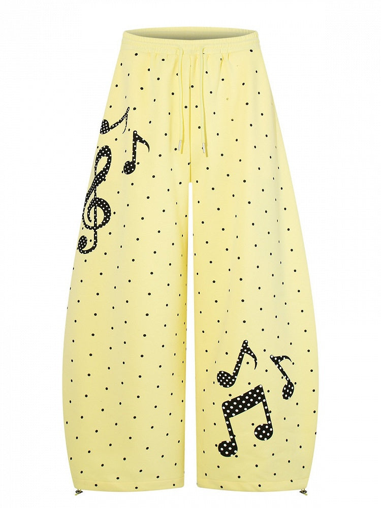 Yellow Polka-Dot Wide-Leg Pants with Music Notes - Languid Park