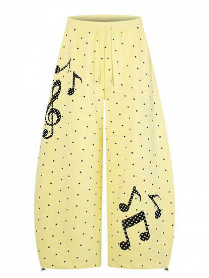 Yellow Polka-Dot Wide-Leg Pants with Music Notes - Languid Park