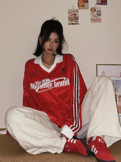 Red Sweatshirt White with Sport Vintage Stripes Side