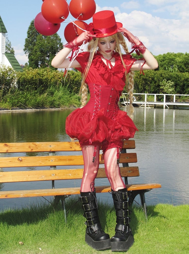 Waist Lolita Blouse Layered Ruffles Gothic Smocked Neckline Red with Elastic
