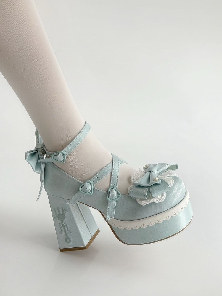 High Platform Heels Blue Lolita Buckle Straps Lace Fork Bowknot Embroidery Block