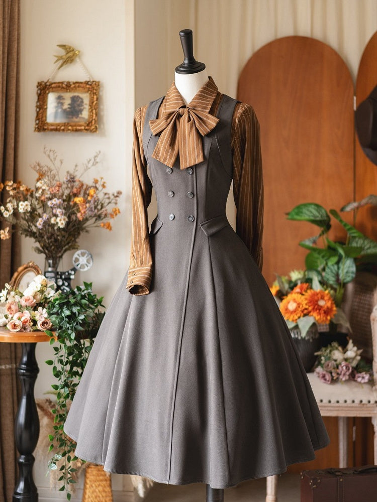 Sleeves Striped Elegant Bowtie Shirt Brown Long with Mocha
