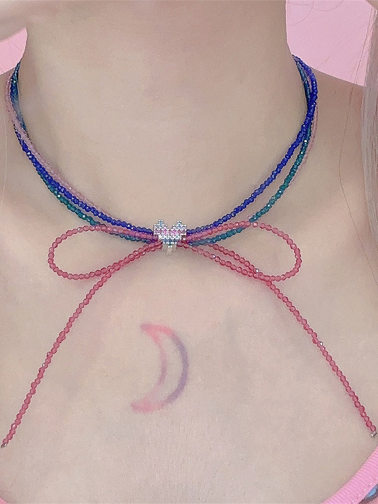 Design Choker Decorated Beaded Bowknot Colorful Heart Y2K