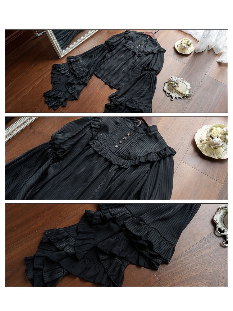 Bell Sleeves Black Flounce Gothic Blouse Trim