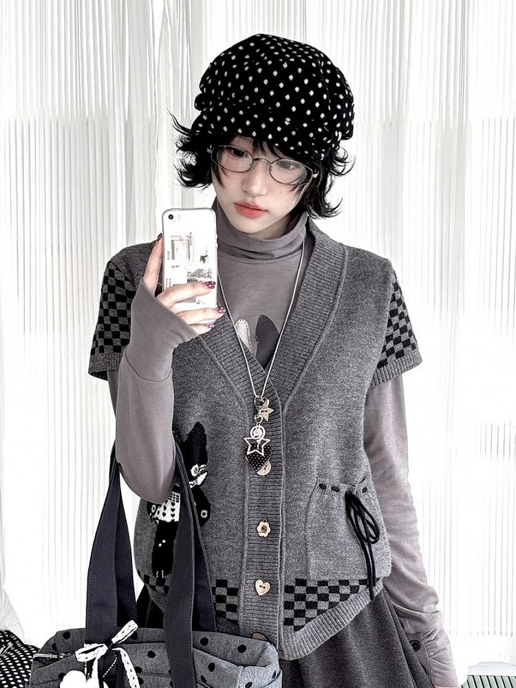with Cardigan Cat Daily Checked Kawaii Dark Sleeve Pattern Motif Short Gray