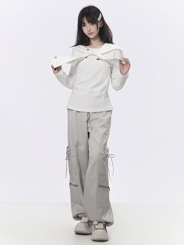 Light Gray Techwear Wide-Leg Cargo Pants with Multi Pockets - PINK SAVIOR
