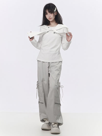 Light Gray Techwear Wide-Leg Cargo Pants with Multi Pockets - PINK SAVIOR