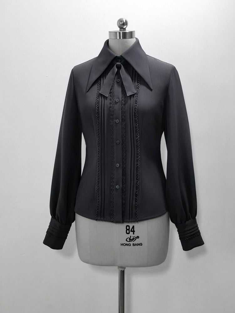 クライン グレー ブルー＆ポイントカラー ロングシャツ プリーツ フォールドオーバー ディテール レース/プリンススリーブ