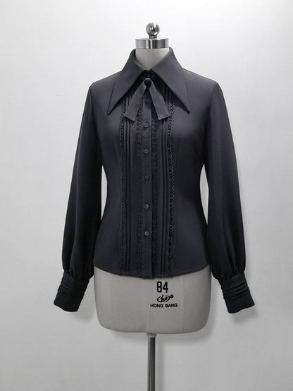 クライン グレー ブルー＆ポイントカラー ロングシャツ プリーツ フォールドオーバー ディテール レース/プリンススリーブ