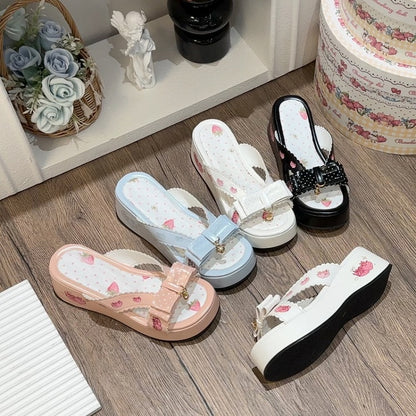 Top at Bow Lolita Slippers Platform Blue Wa Strawberry Print
