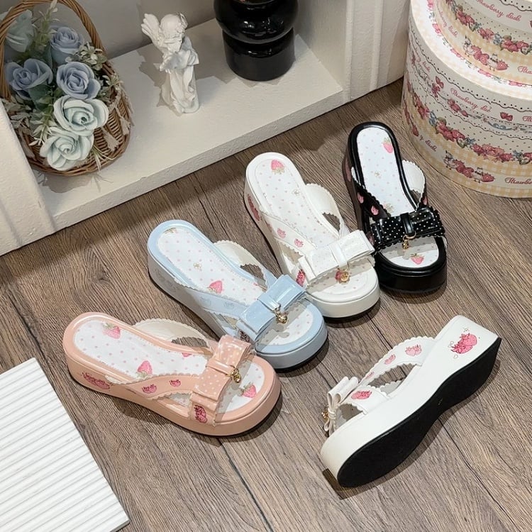 Platform Strawberry Top Black Print Slippers Bow Lolita Wa at