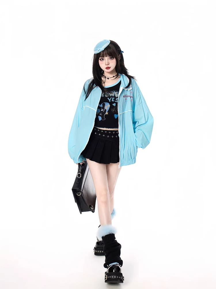 裾のシャツカラー、伸縮性のある袖口、ジップアップジャケット ブルー