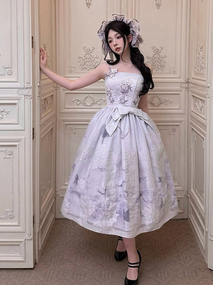 Refined Ivory Violet Boned Floral Bow JSK Dress - Yimu Walnut
