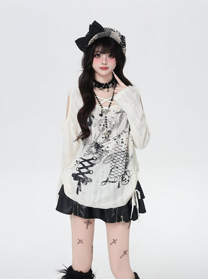 Criss-cross Design Neckline Ink Print Cutout Shoulder Splash