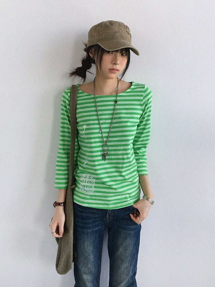 Green Striped Wide Round Neck Long Sleeve T-shirt with Key and Iron Gate Print - innomoood
