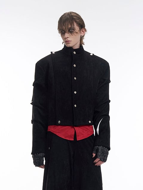 Deconstructed Suede Black Cropped Men’s Sleeve Pleating with Jacket
