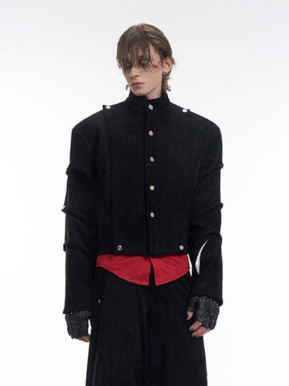 Deconstructed Suede Black Cropped Men’s Sleeve Pleating with Jacket