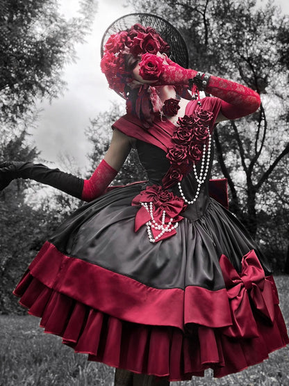 Red Black Roses Off-Shoulder Boned Lolita Set - Treasure Box Factory