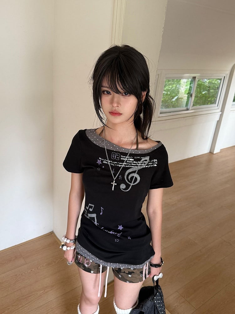 Two-Piece Asymmetrical Fake Shoulders with Dot T-Shirt Polka Black
