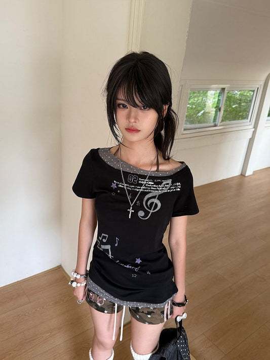 Two-Piece Asymmetrical Fake Shoulders with Dot T-Shirt Polka Black
