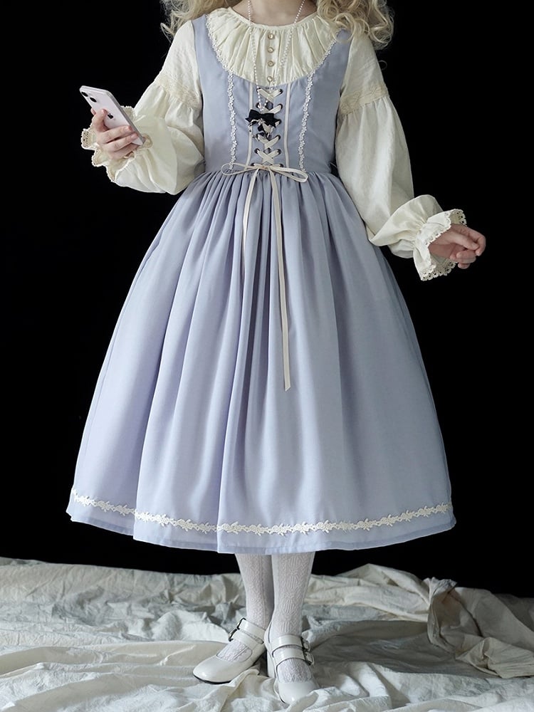 Light Gray & Beige Round Neck Long-sleeved Elegant Classic Lolita Dress with Lace-Up Front