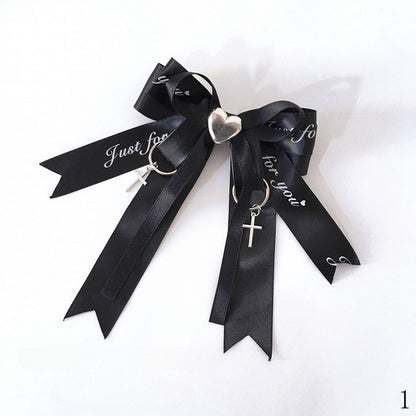 with Kei Ribbon and Charms Black/Black Pink Cross Rhinestone Heart-Shaped Bow Jirai Hairclips