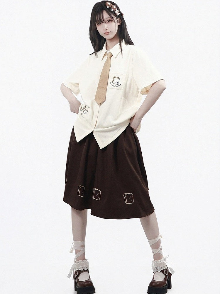 Coffee Long Skirt with Toast Print - PINK SAVIOR