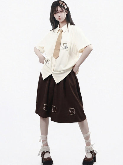 Coffee Long Skirt with Toast Print - PINK SAVIOR