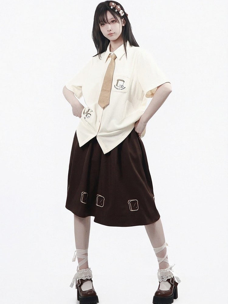 Creamy White Waffle Knit Short Sleeve Shirt with Toast Embroidery - PINK SAVIOR