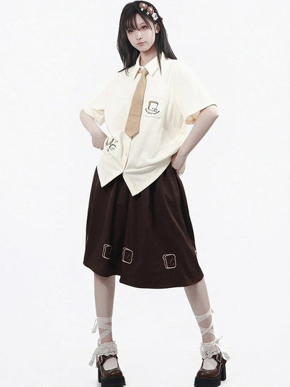 Creamy White Waffle Knit Short Sleeve Shirt with Toast Embroidery - PINK SAVIOR