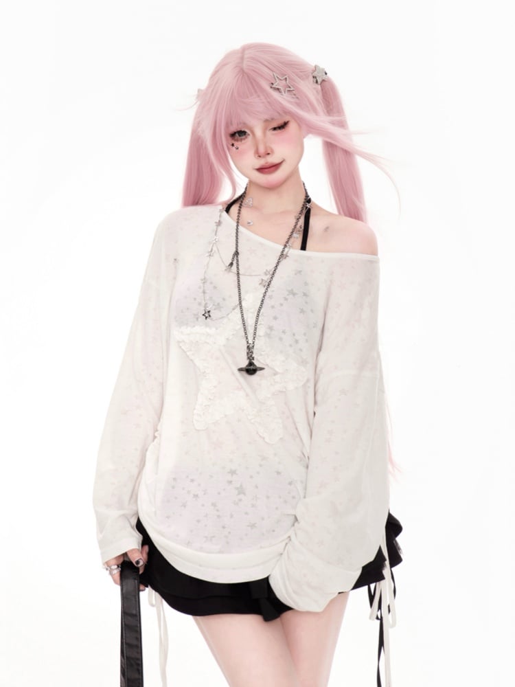 ホワイトのアシンメトリーネックライン、フリル付きスタードローストリングサイドカバーアップ