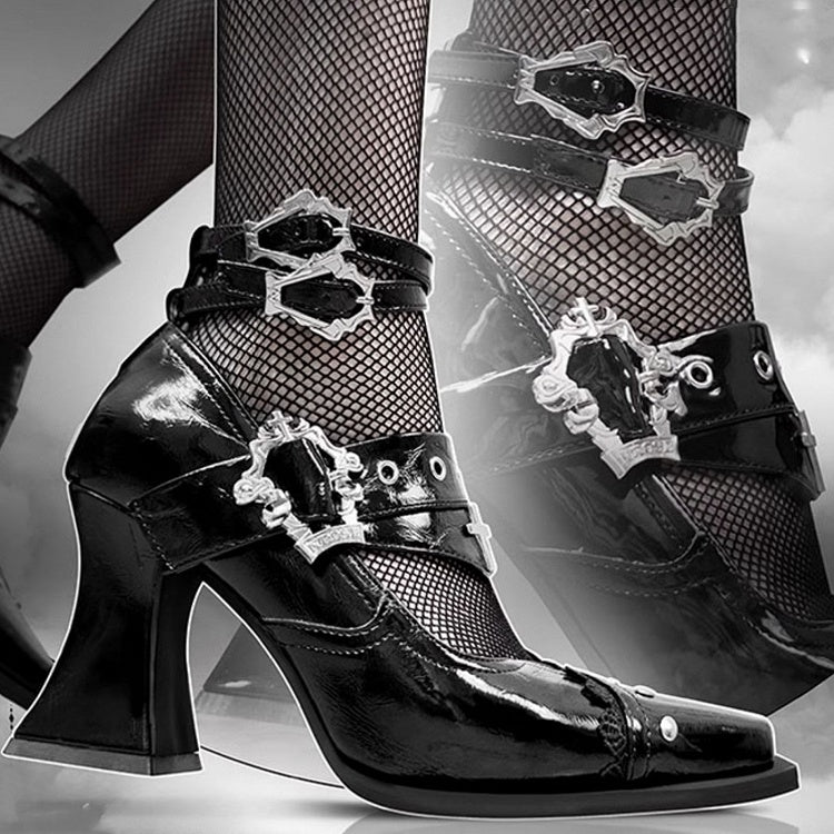 Textured Metal Cross Block Heels Buckles Punk in Black Coffin Chunky 8.5/5cm Gothic Toe with Pointed