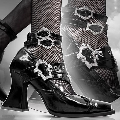 Textured Metal Cross Block Heels Buckles Punk in Black Coffin Chunky 8.5/5cm Gothic Toe with Pointed