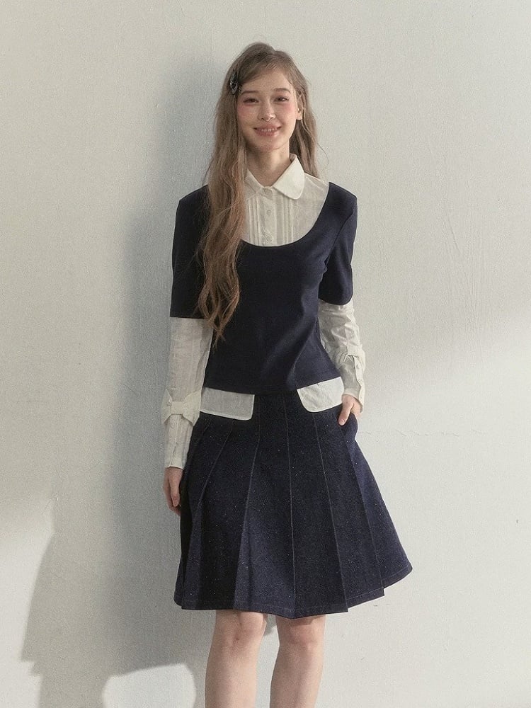 Sleeve Blue Navy Fake Blouse Two-Piece Vintage Long