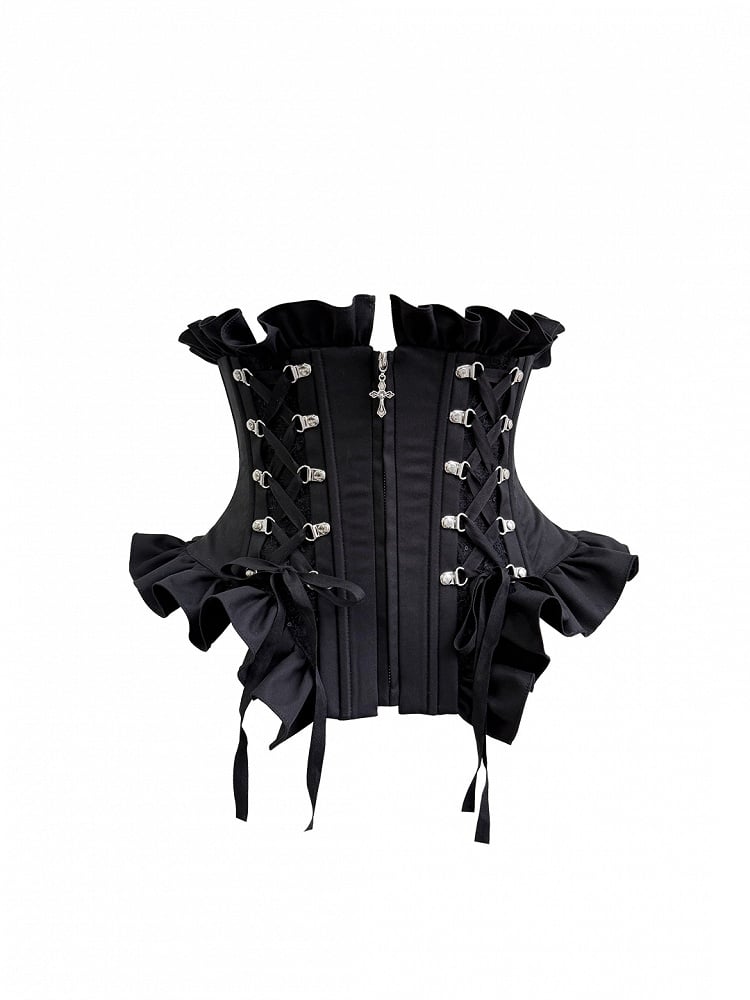 Lace-Up Boned Corset with Ruffle Details in Black - Moonveil Manuscript
