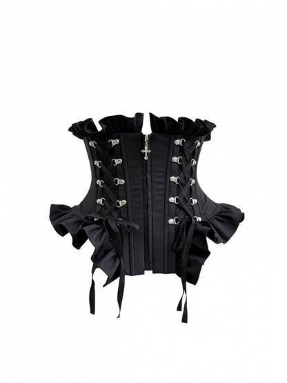 Lace-Up Boned Corset with Ruffle Details in Black - Moonveil Manuscript