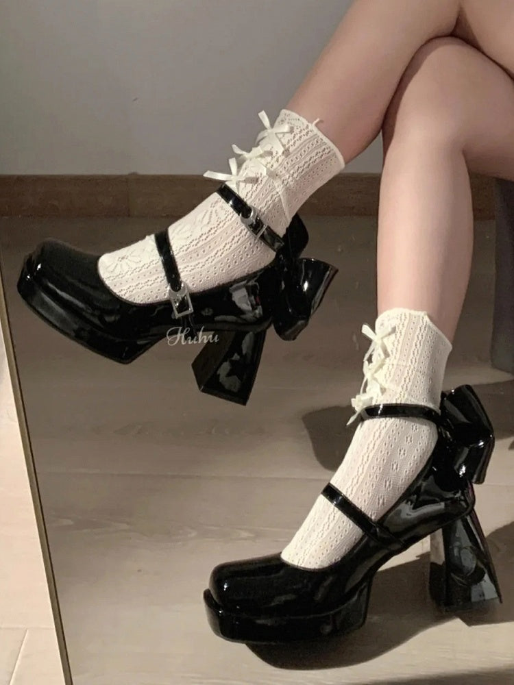 Block Heels Heel Black and with Bow Platform Cut-Out Celestial Y2K Moon High Back Star Buckles -