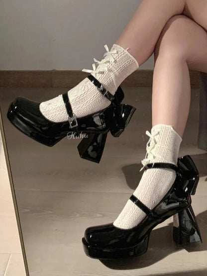 Block Heels Absatz Schwarz und mit Schleife Plateau Cut-Out Celestial Y2K Mond High Back Stern Schnallen -